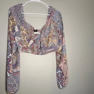 Rue21 Pastel Paisley Tie-Front Crop Blouse in Pink, Purple, Yellow